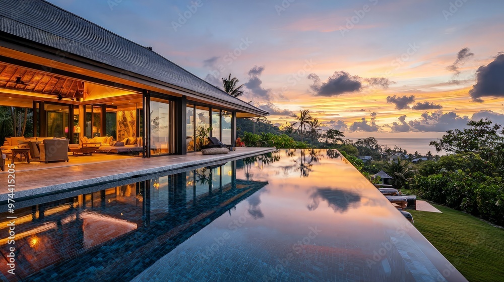 Fototapeta premium Luxury Villa with Infinity Pool and Sunset Views