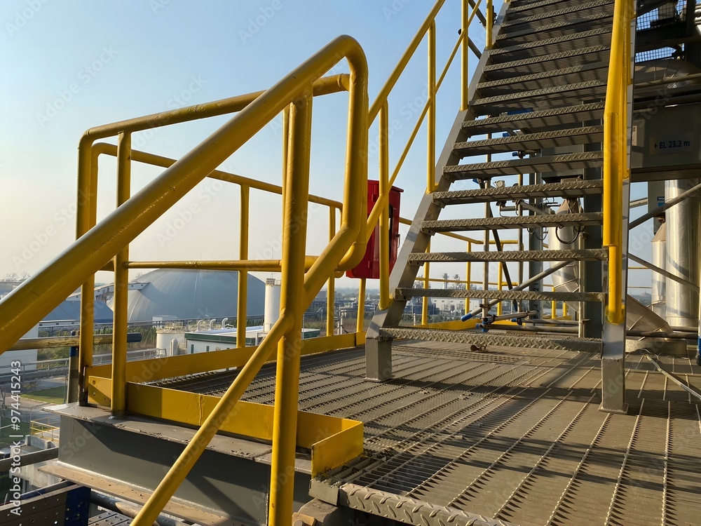 A metal staircase with yellow handrails leads to a platform with a fire extinguisher. Beyond, a large industrial complex with a white dome is seen, bathed in muted orange warm tones. A metal staircase with yellow handrails leads to a platform with a fire extinguisher. Beyond, a large industrial complex with a white dome is seen, bathed in muted orange warm tones.