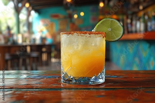 Margarita served on a rustic table in a vibrant Mexican cantina