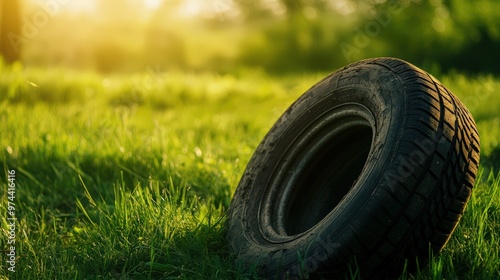 Old tire placed in a vibrant green meadow, illuminated by sunlight filtering through the trees 