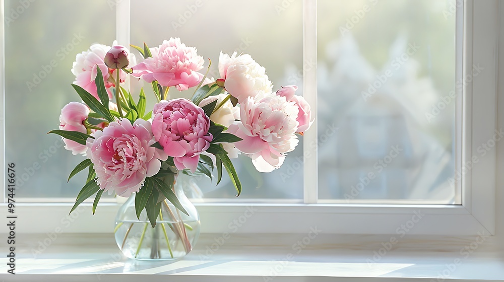 Beautiful bouquet of peonies in a vase on a white windowsill Beautiful bouquet of peonies in a vase on a white windowsill
