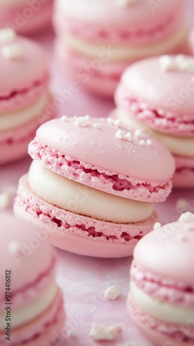 Delicate pink macarons with creamy filling, close-up view. Sweet dessert and confectionery concept