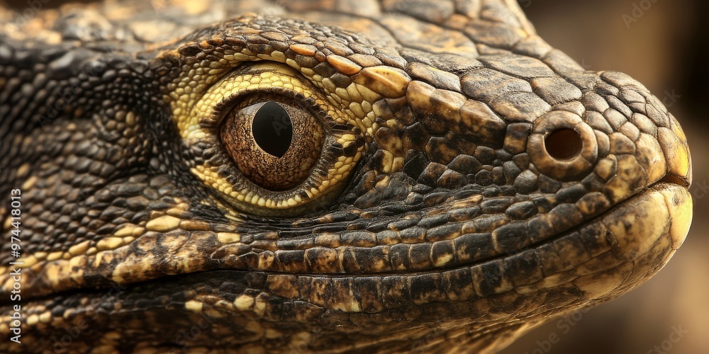 Close-up shot of a monitor lizard’s head with striking golden eye and intricate textured scales Close-up shot of a monitor lizard’s head with striking golden eye and intricate textured scales