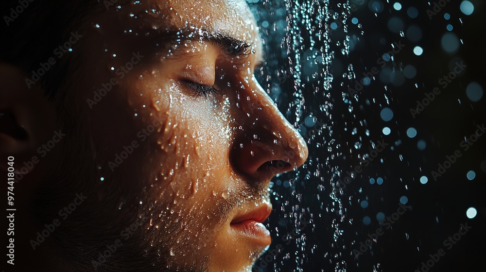 Man in the rain with water droplets on his face Man in the rain with water droplets on his face