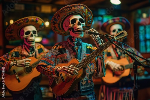 Group go Skeletons in traditional Mexican clothes with musical instruments playing on stage. Concept Day of the Dead, symbol of the holiday, November 2