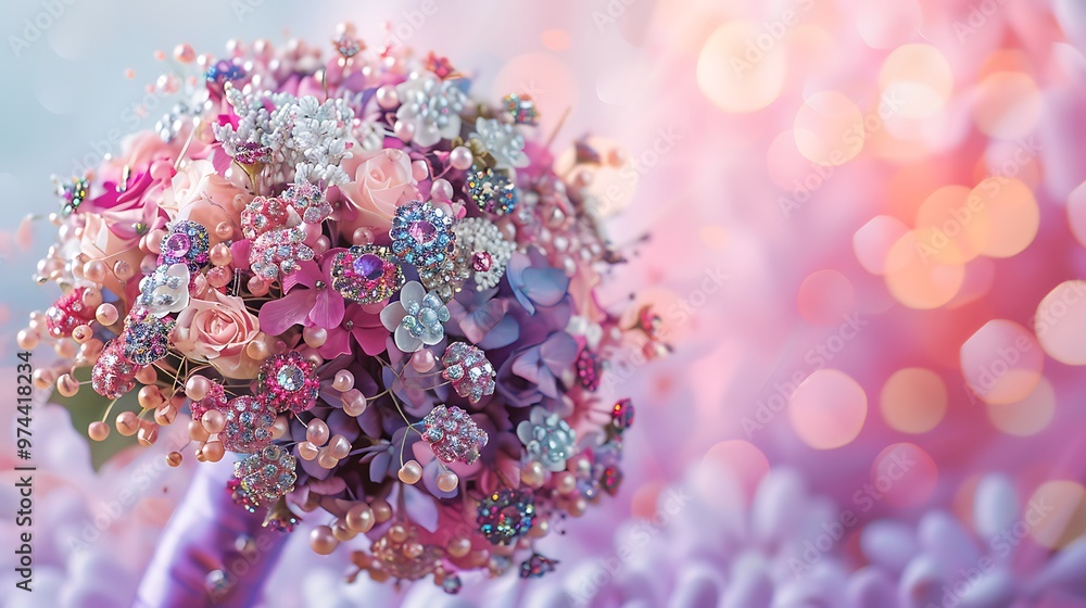 Bouquet of decorated pins for wedding on pink and purple background Bouquet of decorated pins for wedding on pink and purple background