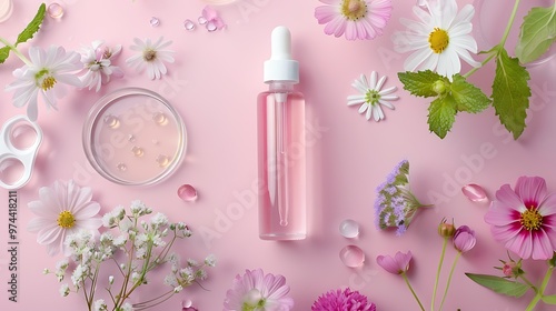 Bottles with lotion with archidea extract for the body and petri dishes with flowers on a pink background