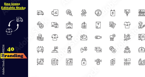 Branding icon set. Containing marketing, product, brand value, design, logo, brand development, social media, advertising and loyal customers icons.