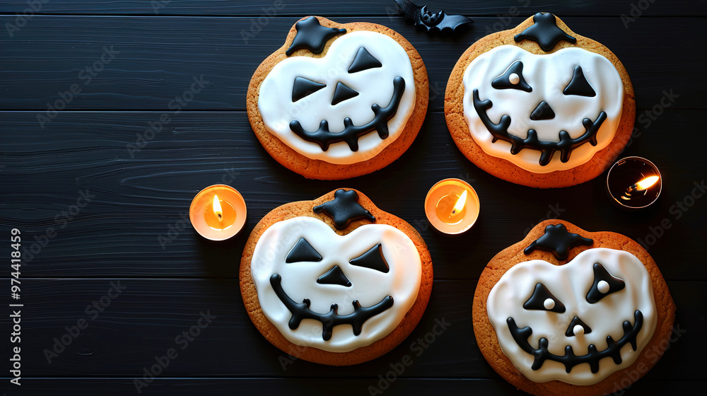 Evil Faced Halloween Pumpkin Cookies with Candles on Black Wooden Table Evil Faced Halloween Pumpkin Cookies with Candles on Black Wooden Table