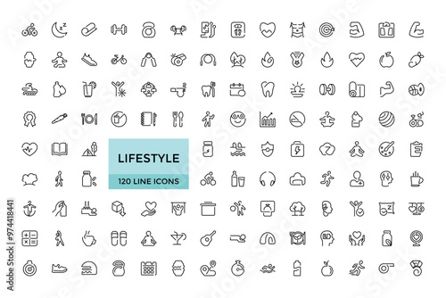 Lifestyle line icons set. Healthy lifestyle symbols. Happiness, diet, exercise, game, fitness, music, sleep, relationships and more, Editable Thin icon vector collections.