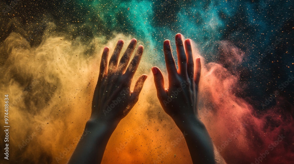 Hands reaching into colorful nebula, cosmic wonder and mystery concept Hands reaching into colorful nebula, cosmic wonder and mystery concept