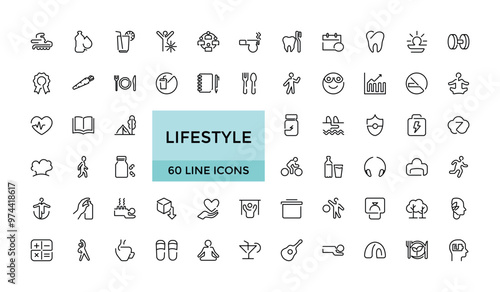 Lifestyle line icons set. Healthy lifestyle symbols. Happiness, diet, exercise, game, fitness, music, sleep, relationships and more, Editable Thin icon vector collections.