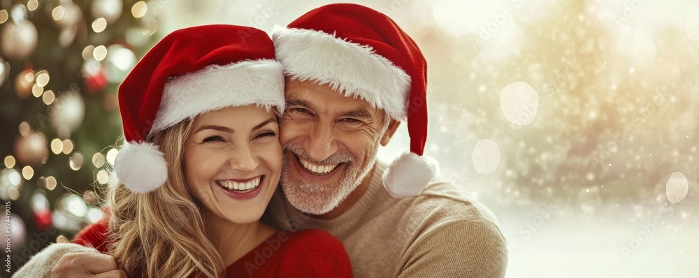 Couple wearing santa hats smiling near christmas tree, festive holiday celebration concept Couple wearing santa hats smiling near christmas tree, festive holiday celebration concept