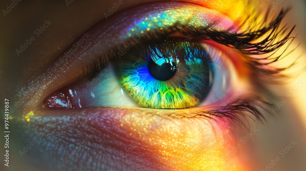 Close-up of a colorful human eye with rainbow reflections, vibrant colors. Artistic vision and beauty concept Close-up of a colorful human eye with rainbow reflections, vibrant colors. Artistic vision and beauty concept