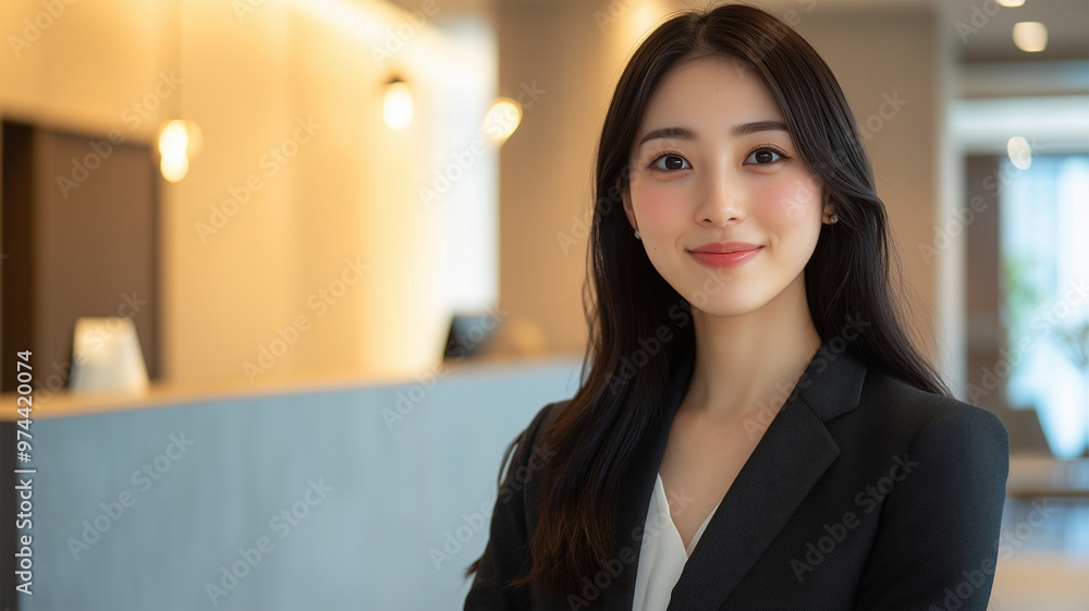 オフィスビルの受付に立つ日本人受付嬢 オフィスビルの受付に立つ日本人受付嬢