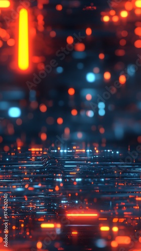 Abstract futuristic digital background with glowing neon lights and bokeh effect, perfect for technology and cyber-themed projects.