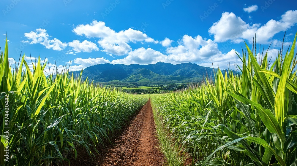 Green corn field with mountains in the background under a clear blue sky Green corn field with mountains in the background under a clear blue sky