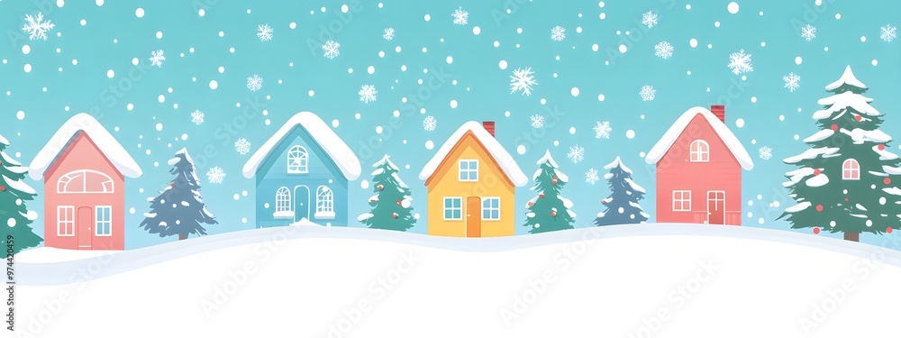 A simple vector illustration of an animated Christmas winter town with houses, snowflakes falling from the sky, and a snowy landscape A simple vector illustration of an animated Christmas winter town with houses, snowflakes falling from the sky, and a snowy landscape