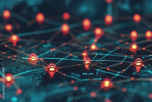 Abstract digital network visualization with glowing nodes and connections, symbolizing data communication and technology concepts.