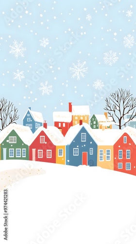 A simple vector illustration of an animated Christmas winter town with houses, snowflakes falling from the sky, and a snowy landscape