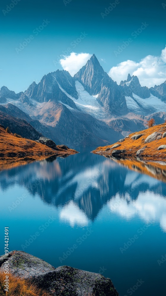 Obraz premium Tranquil Mountain Landscape with Reflective Lake | Majestic Peaks and Calm Waters Harmony
