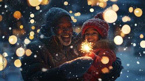 Portrait of elderly African American man with granddaughter in his arms lighting sparklers, family winter holidays, poster with wishes of Merry Christmas and Happy New Year