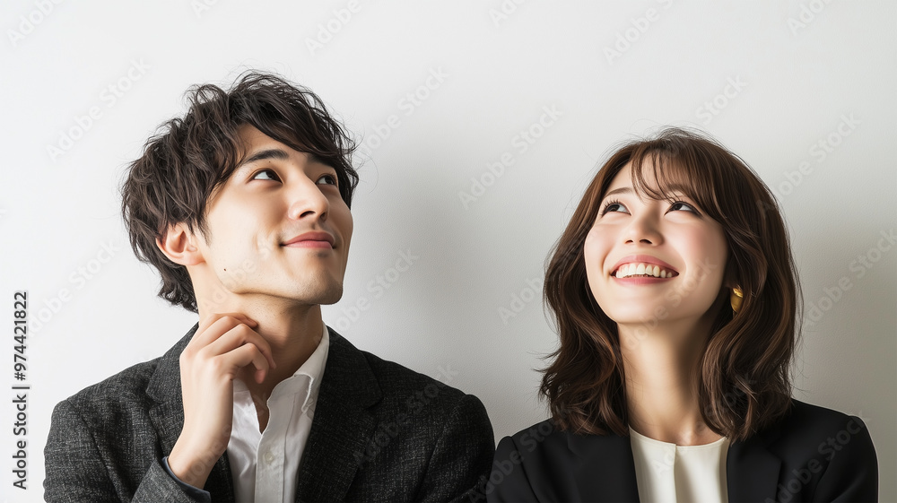 考え事をする笑顔の日本人カップル 考え事をする笑顔の日本人カップル