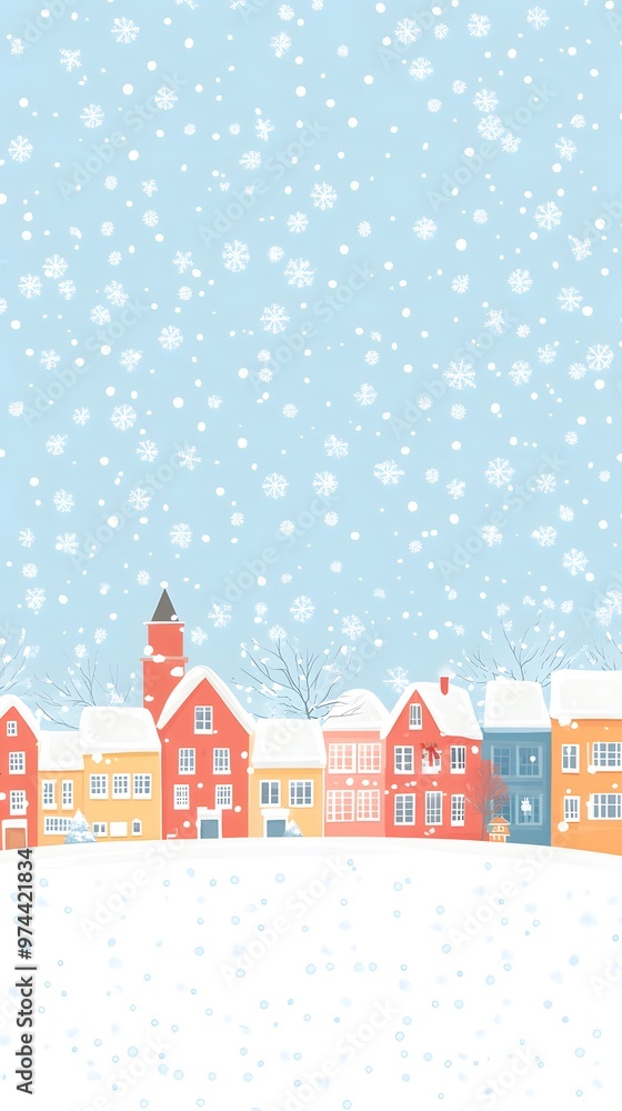 A simple vector illustration of an animated Christmas winter town with houses, snowflakes falling from the sky, and a snowy landscape A simple vector illustration of an animated Christmas winter town with houses, snowflakes falling from the sky, and a snowy landscape