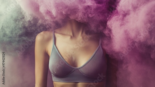 woman in sports bra surrounded by colored smoke, surreal artistic concept