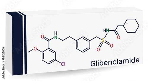 Glibenclamide, glyburide molecule. Sulfonylurea used in the treatment of non insulin dependent diabetes mellitus. Skeletal chemical formula. Paper packaging for drugs. Vector