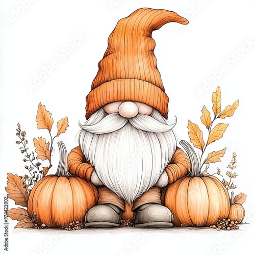 Whimsical autumn gnome surrounded by pumpkins and orange leaves in a cozy fall setting