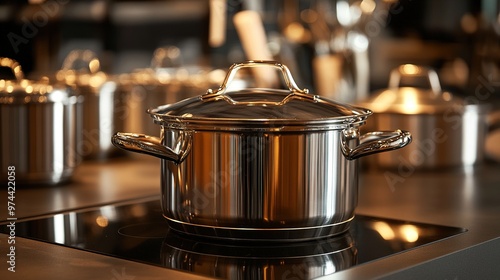 Modern kitchen with shiny cookware and warm lighting photo