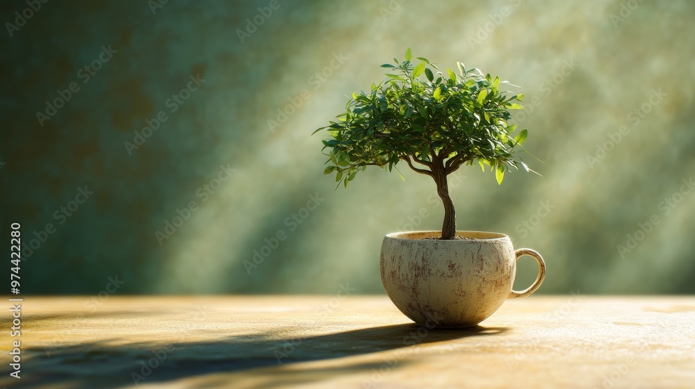 Small bonsai tree in a rustic cup on a wooden table, serene ambiance. Nature and tranquility concept Small bonsai tree in a rustic cup on a wooden table, serene ambiance. Nature and tranquility concept