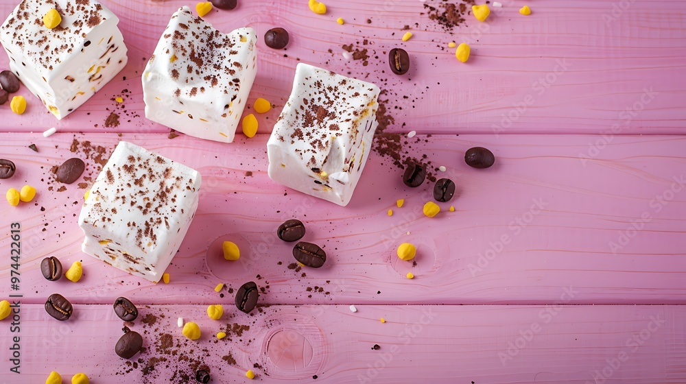 Coffee marshmallow on a pink wooden background with yellow bokke and coffee beans light dessert for the holiday Coffee marshmallow on a pink wooden background with yellow bokke and coffee beans light dessert for the holiday