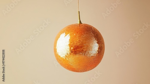 Orange disco ball against a beige background, retro party decor concept photo