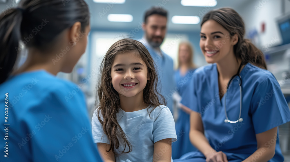 Caring nurse and doctor comforting child in hospital setting, showcasing warm and supportive atmosphere. child smiles, feeling reassured by medical staff Caring nurse and doctor comforting child in hospital setting, showcasing warm and supportive atmosphere. child smiles, feeling reassured by medical staff