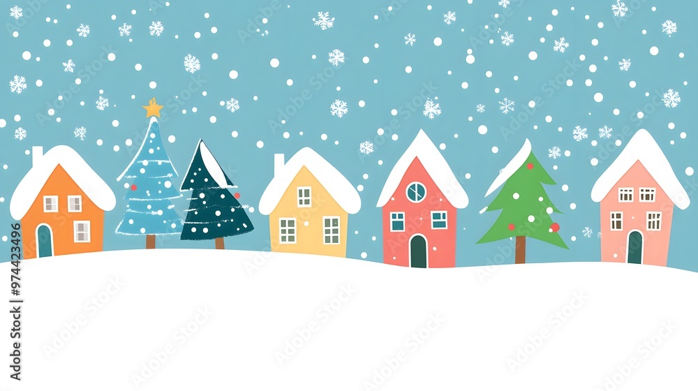 A simple vector illustration of an animated Christmas winter town with houses, snowflakes falling from the sky, and a snowy landscape A simple vector illustration of an animated Christmas winter town with houses, snowflakes falling from the sky, and a snowy landscape