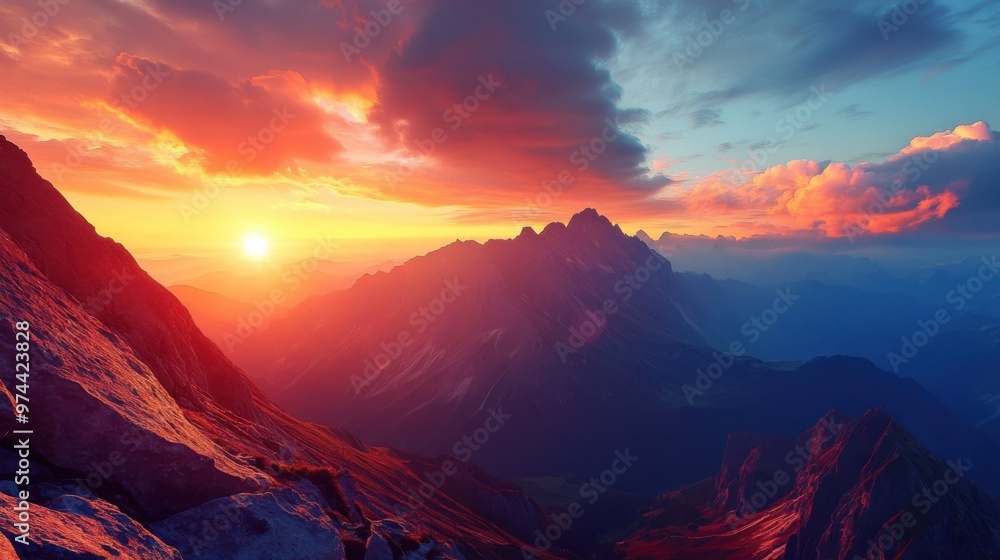 Mountain Landscape at Sunrise with the Sun Peeking Over the Peaks and Colorful Skies Mountain Landscape at Sunrise with the Sun Peeking Over the Peaks and Colorful Skies