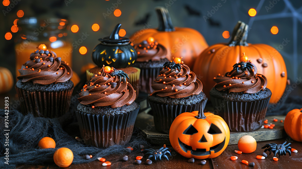 Festive Halloween brown Cupcakes and Pumpkins on a Dark Backdrop Festive Halloween brown Cupcakes and Pumpkins on a Dark Backdrop