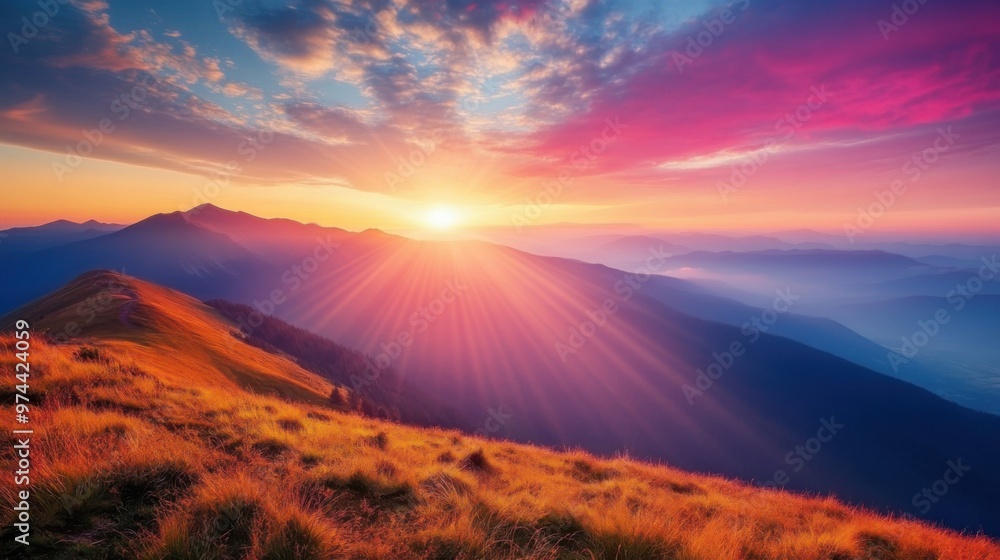 Mountain Landscape at Sunrise with the Sun Peeking Over the Peaks and Colorful Skies Mountain Landscape at Sunrise with the Sun Peeking Over the Peaks and Colorful Skies