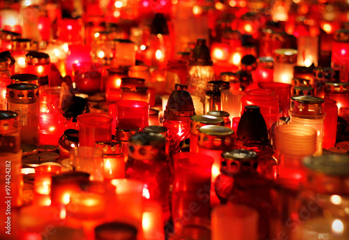 Dozens of red candles burning in memory of the Day of the Fight for Freedom and Democracy celebrated in the Czech Republic on 17th of October. Also a concept for All Souls Day. photo