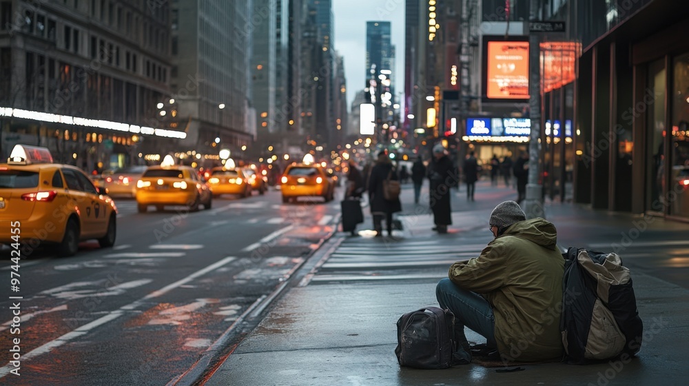 Fototapeta premium Busy City Street with a Homeless Individual Sitting