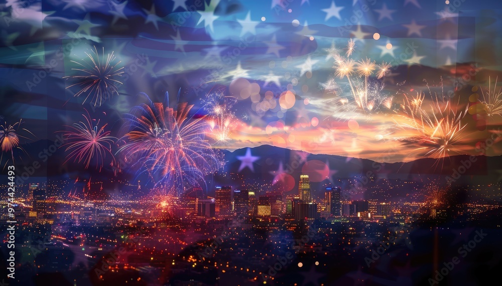 Fireworks Display Over Cityscape with American Flag Fireworks Display Over Cityscape with American Flag