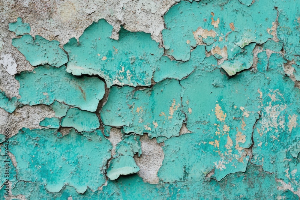 A vibrant background of peeling turquoise paint on a concrete wall, with the layers flaking off to reveal patches of gray stone underneath A vibrant background of peeling turquoise paint on a concrete wall, with the layers flaking off to reveal patches of gray stone underneath