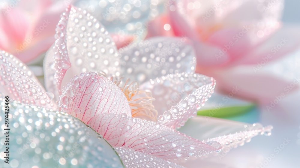 Fototapeta premium Simple white background filled with water drops, lotus flowers and lotus leaves.