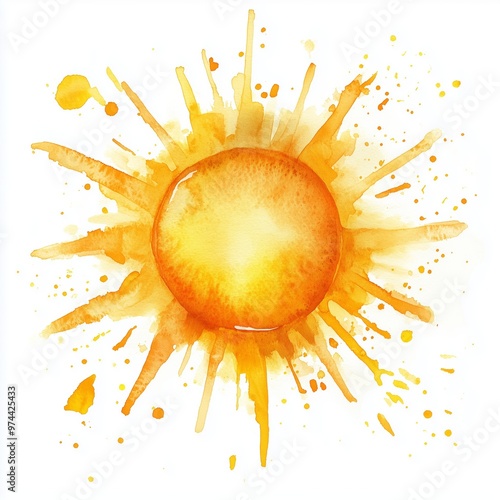Bright watercolor sun illustration radiating warmth with vibrant yellow and orange splashes