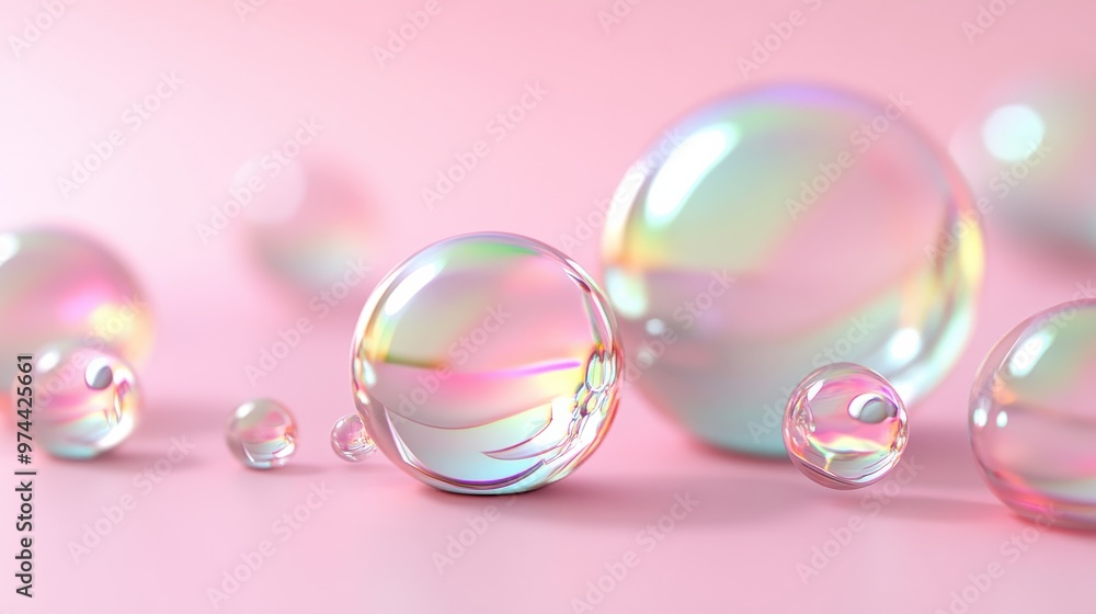 Transparent bubbles with iridescent surface on pink background Transparent bubbles with iridescent surface on pink background