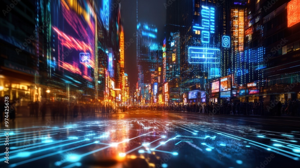 5G cityscape, neon glowing streets, augmented reality billboards 5G cityscape, neon glowing streets, augmented reality billboards