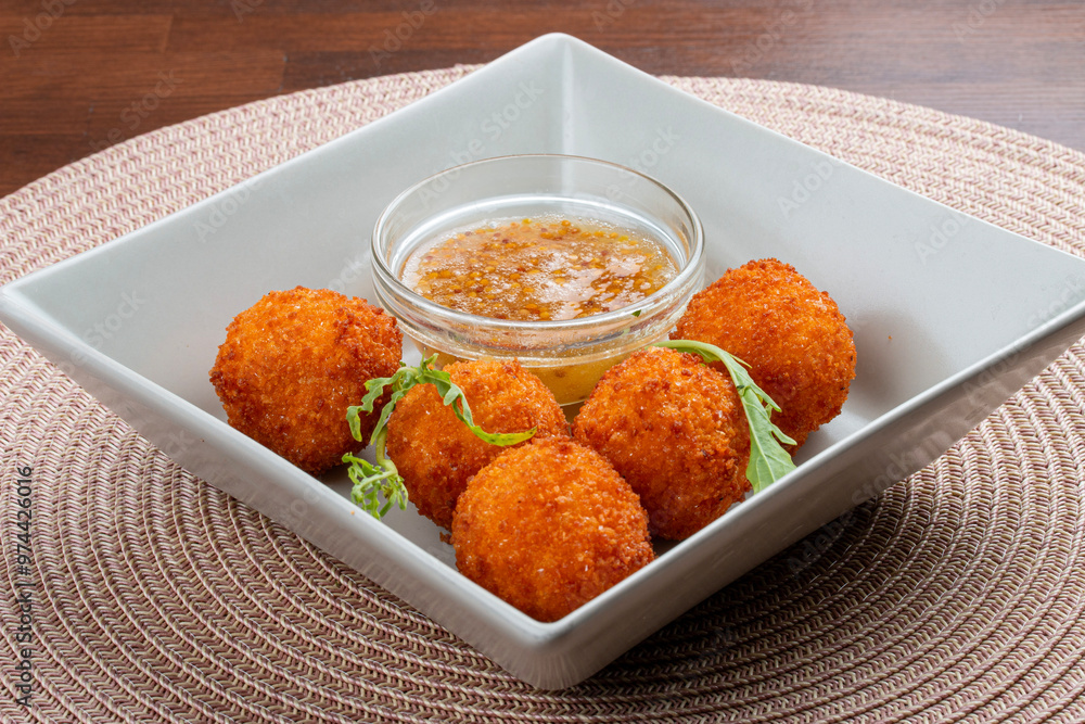 Fried cheese balls with honey-mustard sauce Fried cheese balls with honey-mustard sauce