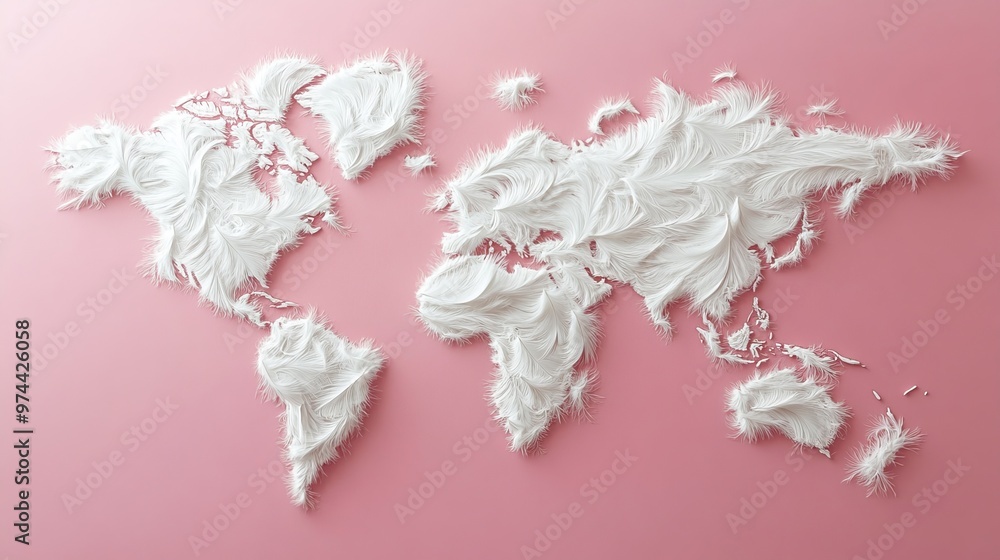 World map made of white feathers on pink background, artistic and creative concept World map made of white feathers on pink background, artistic and creative concept